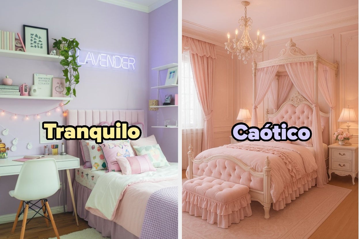 Habitación izquierda minimalista y ordenada; habitación derecha elegante y detallada con dosel. Texto: "Tranquilo" en izquierda, "Caótico" en derecha