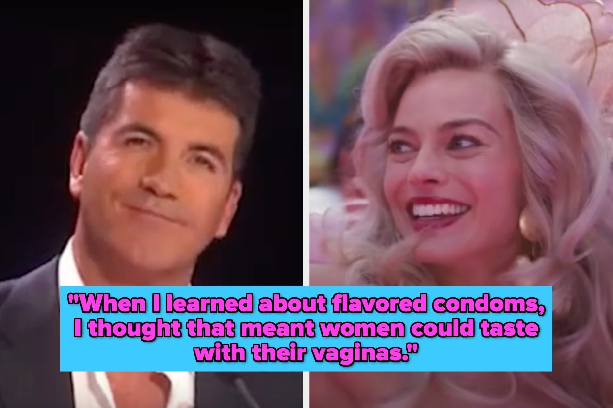 Split image with two people. Left: Person in formal attire. Right: Person smiling. Text: "When I learned about flavored condoms, I thought that meant women could taste with their vaginas."