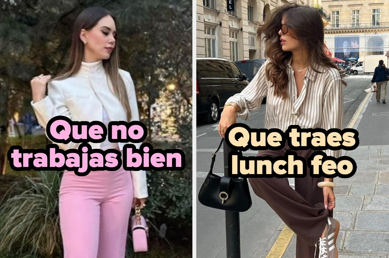 A la izquierda, mujer con blusa blanca y pantalón ajustado rosa. A la derecha, mujer con blusa a rayas y pantalón marrón. Texto humorístico superpuesto