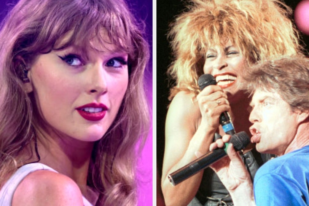Taylor Swift in 2024; Tina Turner and Mick Jagger in the '80s