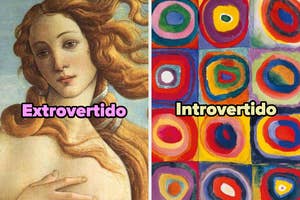 Left: Famous classical painting labeled "Extrovertido." Right: Colorful abstract art labeled "Introvertido."