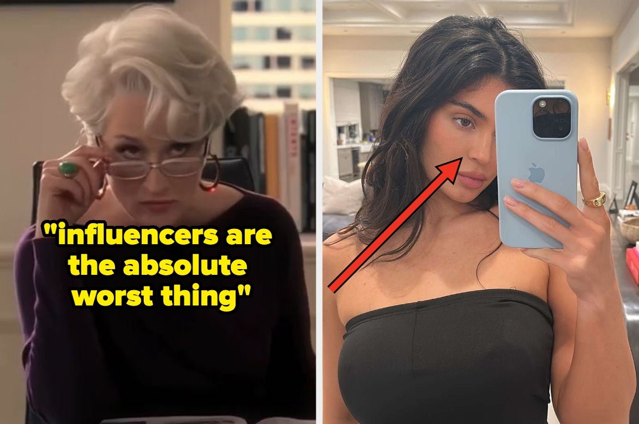 Image split: Left, person with glasses; right, person taking a mirror selfie. Text: "Influencers are the absolute worst thing."