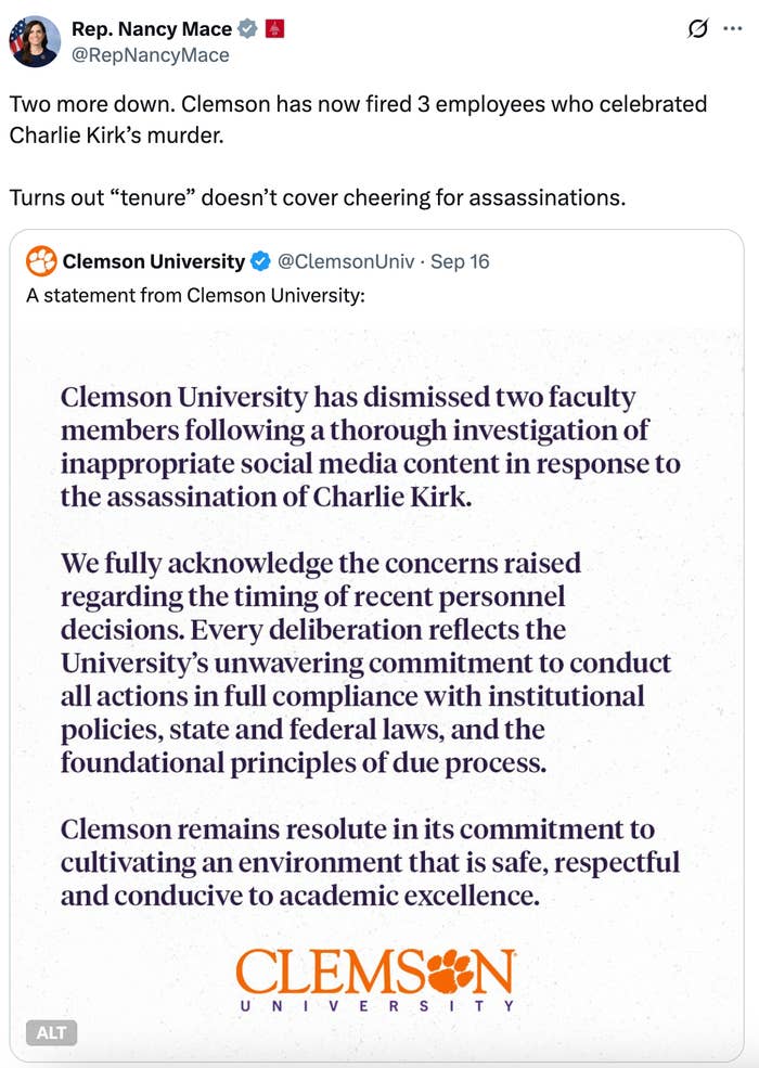 Rep. Nancy Mace tweet astir Clemson Univ. firing 3 module implicit inappropriate societal media comments related to Charlie Kirk