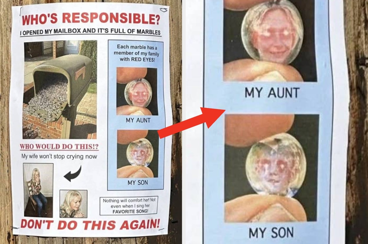 Humorous flyer showing a mailbox filled with marbles, each containing a photo of family members. Text expresses distress and confusion