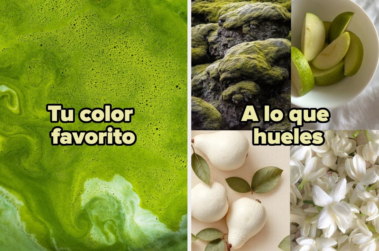 Four green-themed images: vibrant water, moss, sliced apples in a bowl, and white pears with blossoms. Text labels the images humorously in Spanish