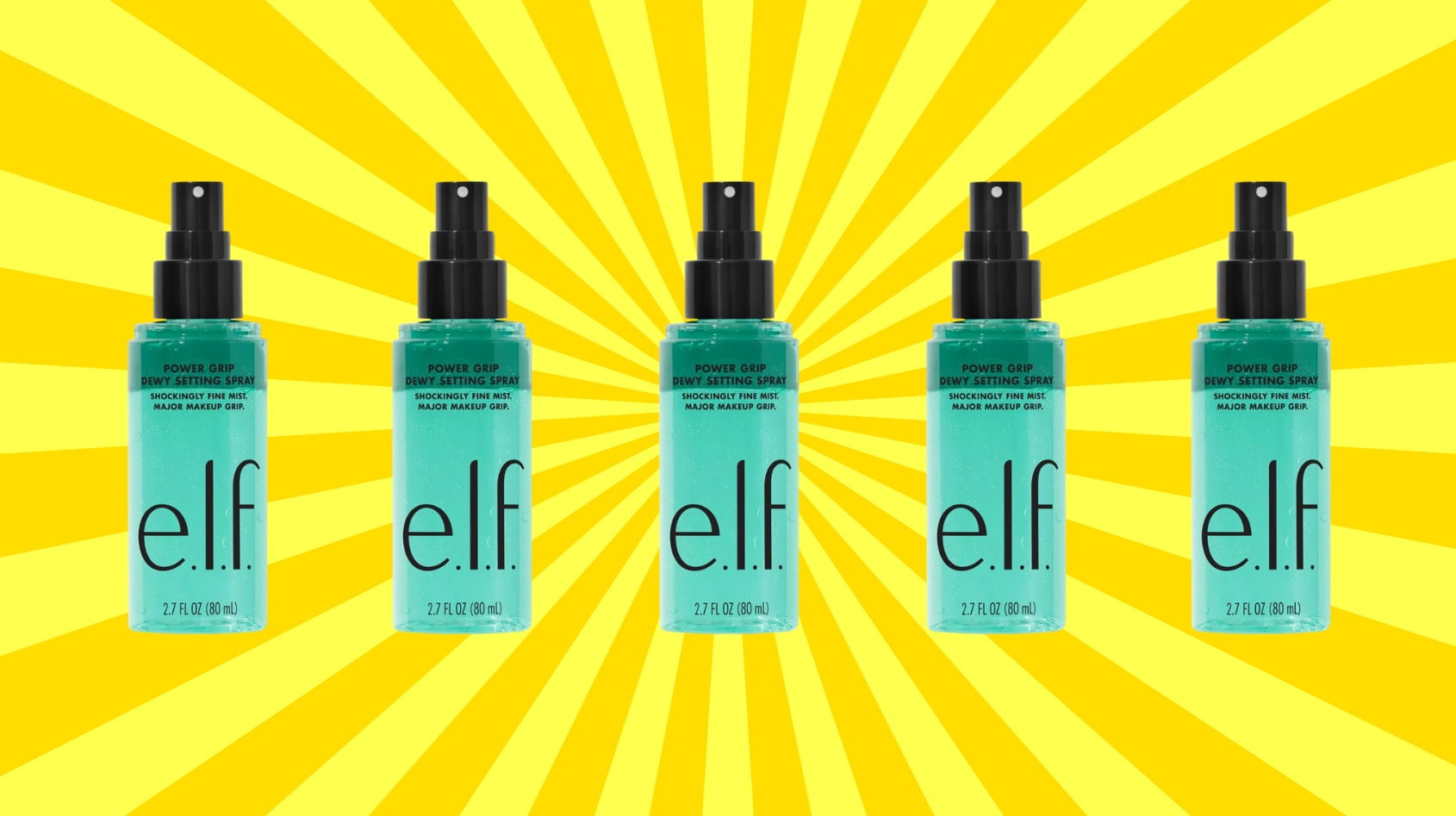 Five e.l.f. makeup mist bottles arranged in a row against a bright, radiant background
