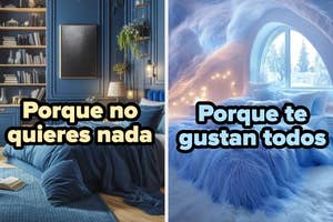 Habitaciones lujosas con texto: "Porque no quieres nada" sobre cama sofisticada y "Porque te gustan todos" sobre cama con estilo fantástico
