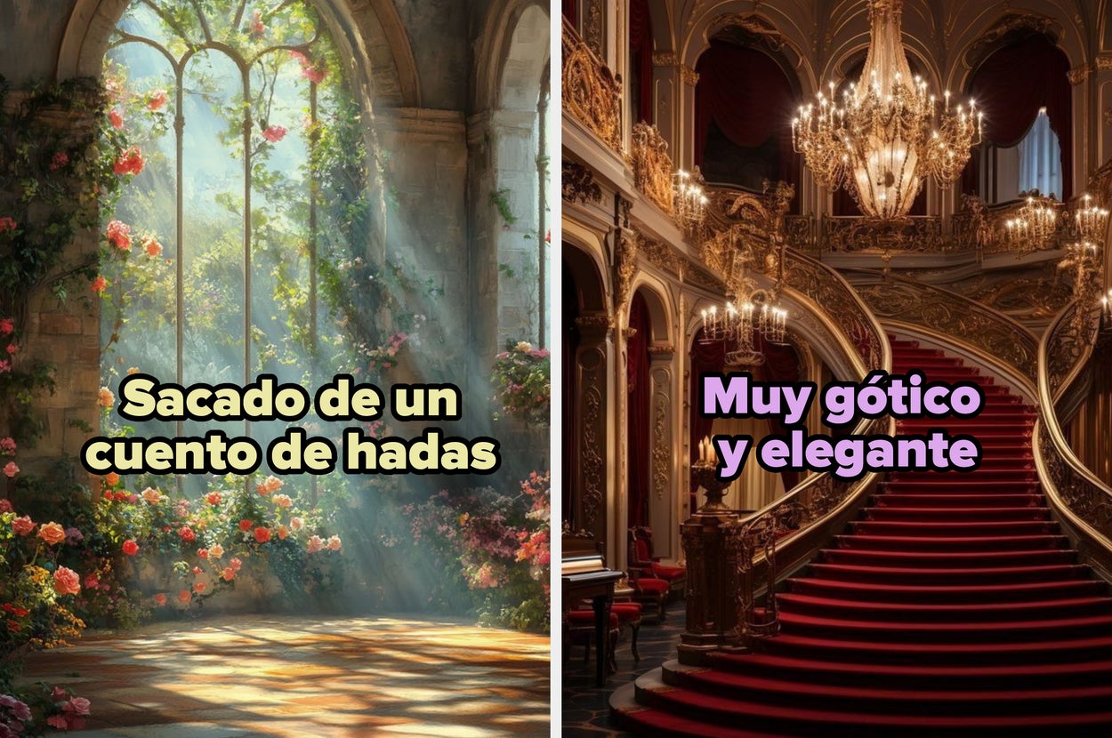 Two images: Left shows a castle interior with flowers, described as "Fairytale-like." Right depicts an ornate staircase with chandeliers, described as "Gothic and elegant."