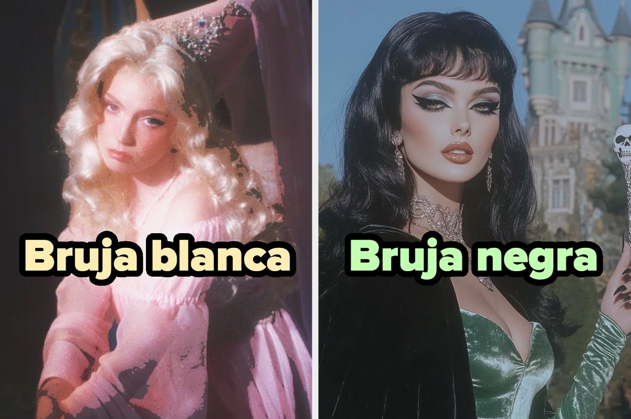 Dos mujeres posando con estilos contrastantes: una como bruja blanca con vestido clásico, otra como bruja negra con vestido glamuroso
