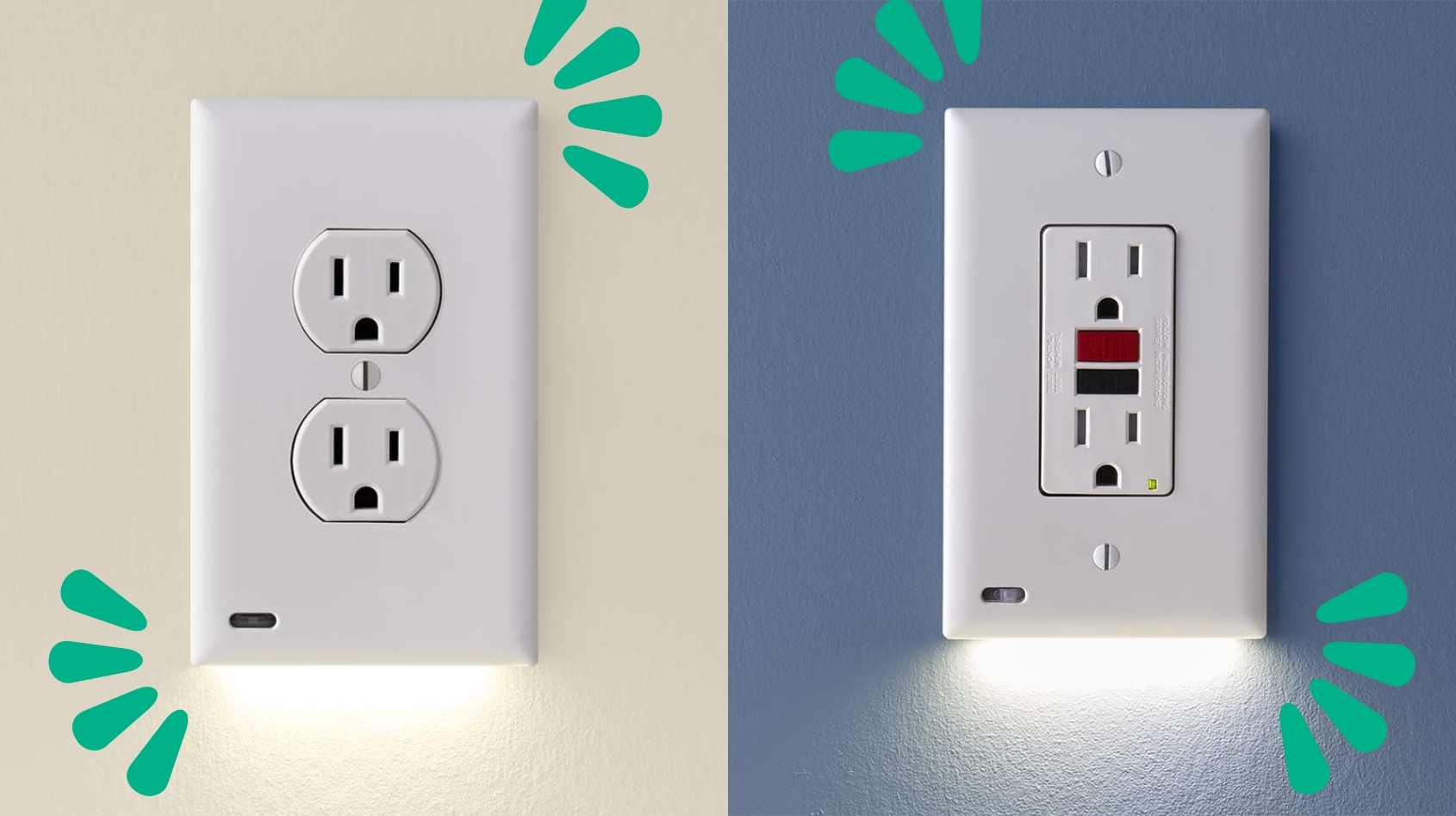 Two electrical outlets with built-in night lights; one standard and one GFCI, both highlighted for safety and functionality in home shopping