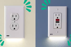 Two electrical outlets with built-in night lights; one standard and one GFCI, both highlighted for safety and functionality in home shopping
