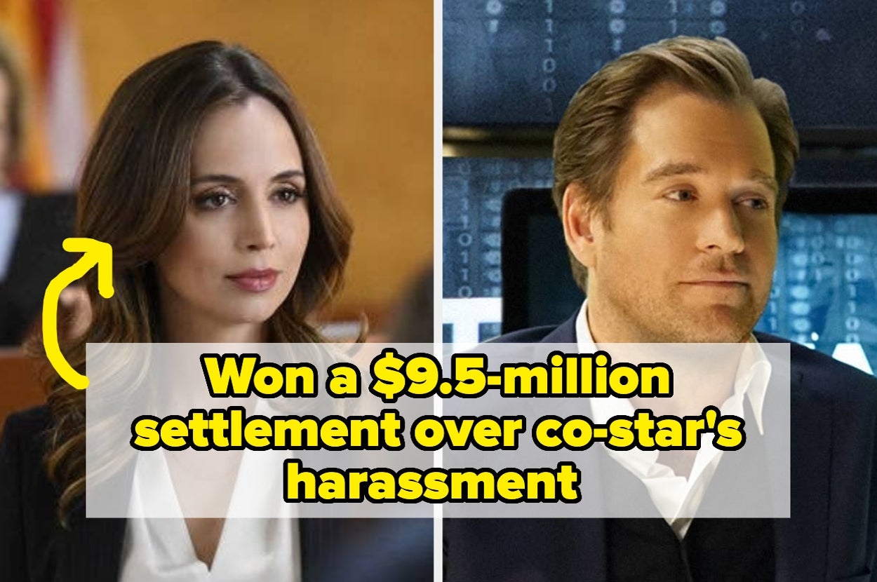 Eliza Dushku in Bull captioned "Won a $9.5-million settlement over co-star's harassment" with a photo of Michael Weatherly in Bull
