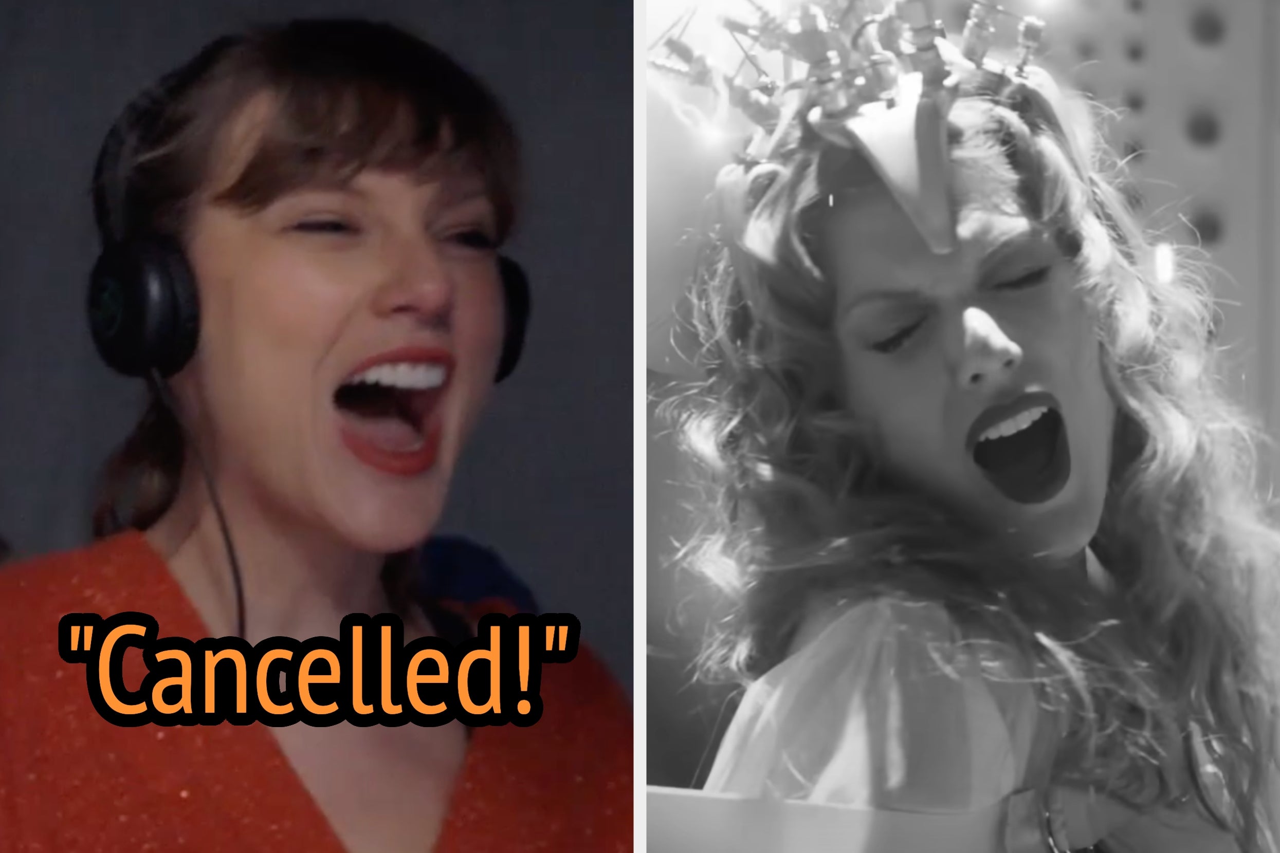 On the left, Taylor Swift yelling labeled Cancelled, and on the right, taylor Swift yelling in the Fortnight music video
