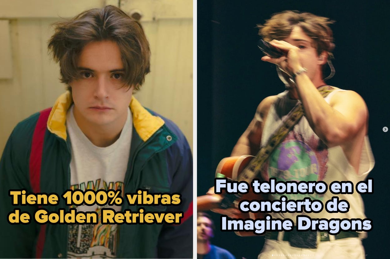 Two images: A person with a serious expression; caption mentions "Golden Retriever vibes." A musician performing; caption mentions opening for Imagine Dragons