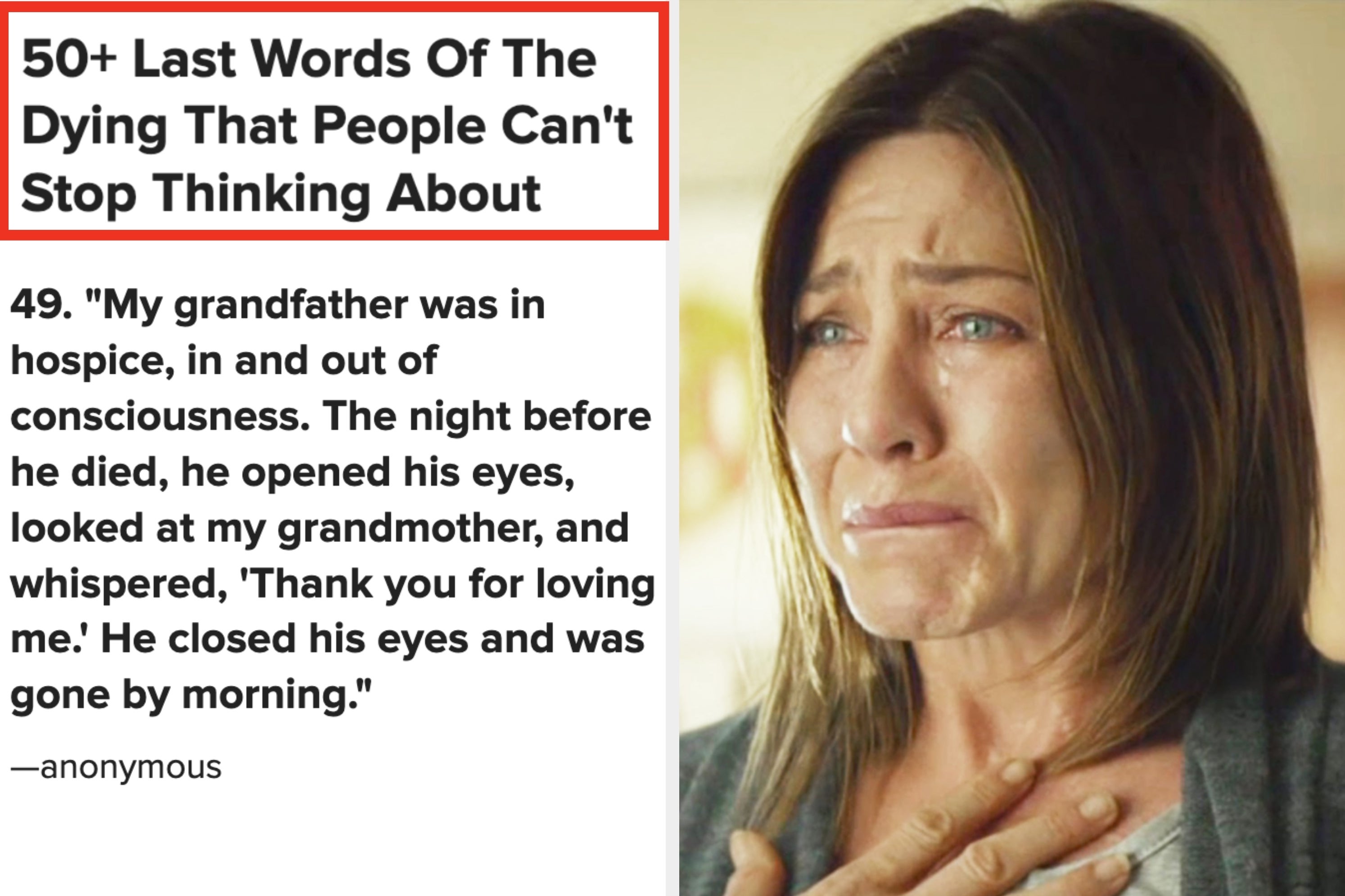 Split image: Left side shows text about a grandfather's last words; right side shows a woman emotionally touched, hand on chest