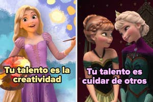 Personajes animados con leyendas: "Tu talento es la creatividad" y "Tu talento es cuidar de otros"