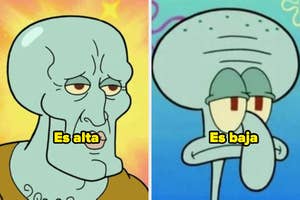 Meme comparando dos caras de un personaje animado: la izquierda muestra una versión detallada con "Es alta", la derecha muestra una versión simple con "Es baja"