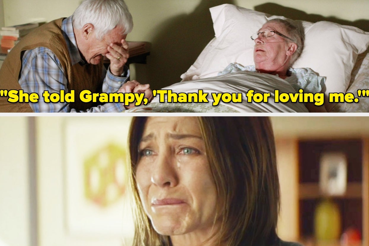 Elderly man sitting by another elderly person in a hospital bed, both showing emotion. Text reads: "She told Grampy, 'Thank you for loving me.'"