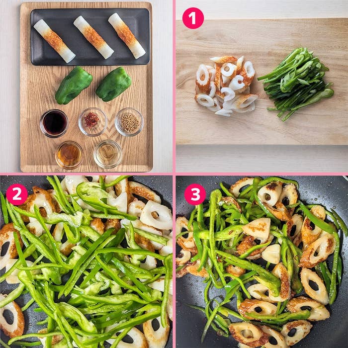 ピーマンとちくわの炒め物の作り方。材料準備から炒める工程を示す3ステップ。