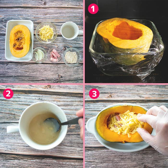 かぼちゃ調理方法: 1. かぼちゃを加熱。2. スープを混ぜる。3. かぼちゃに具材とチーズを詰める。