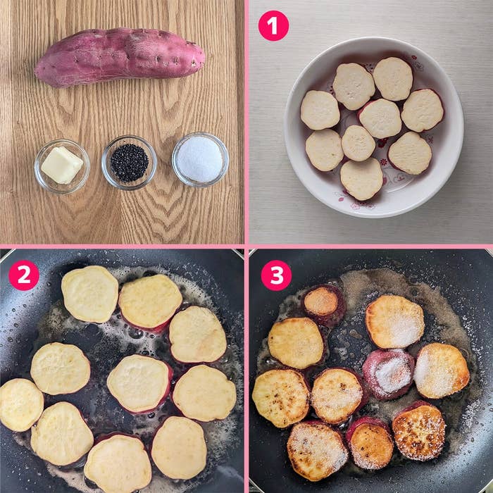 調理手順:1. さつまいものスライス。2. フライパンで焼く。3. 砂糖とバターでキャラメル化。