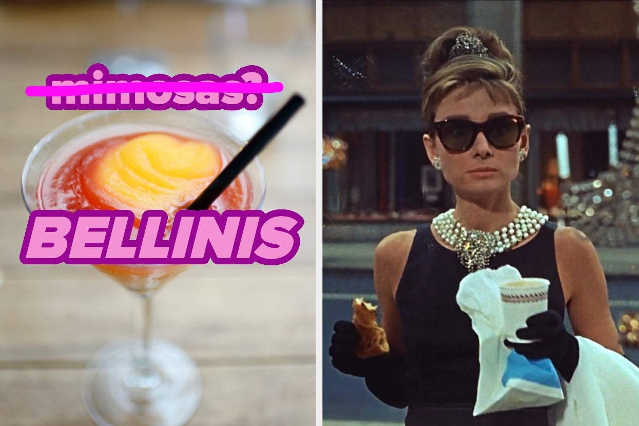 Left: A drink with a peach slice, "Bellinis" text. Right: A person in elegant attire with large sunglasses and pearl necklace, holding a pastry and drink