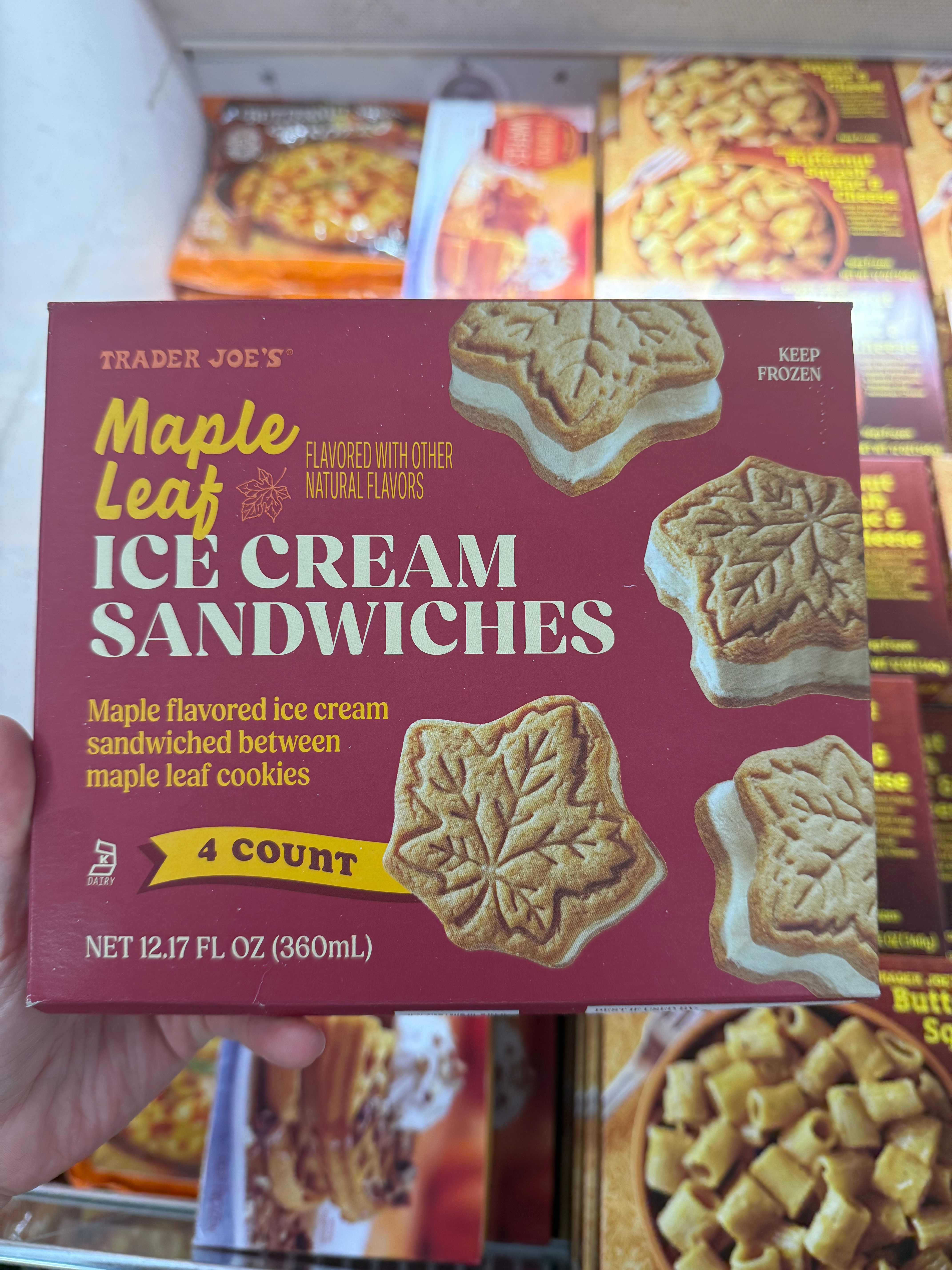 Box of Trader Joe's maple leaf ice cream sandwiches, featuring maple-flavored ice cream between maple leaf-shaped cookies
