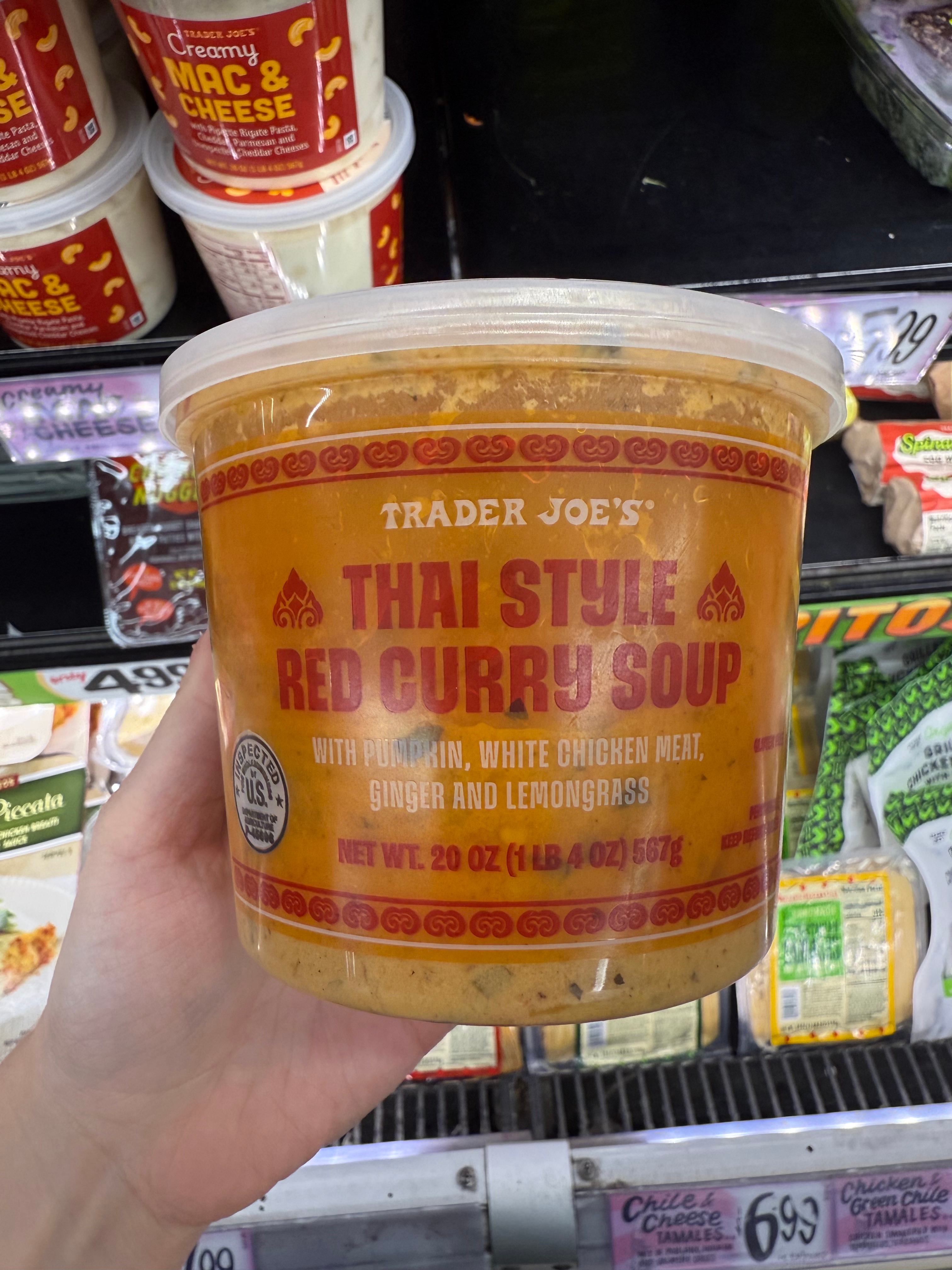Hand holding a tub of Trader Joe's Thai Style Red Curry Soup with pumpkin, white chicken meat, ginger, and lemongrass