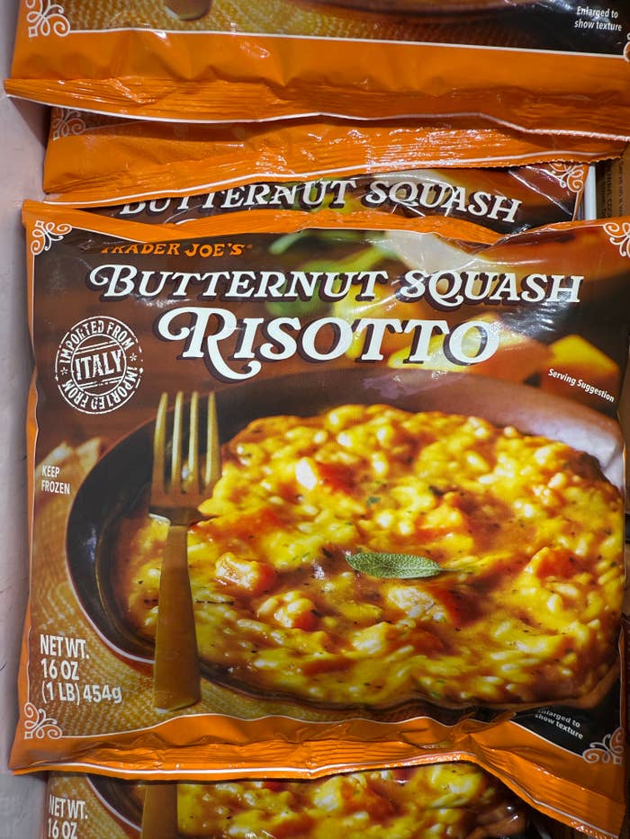 Package of Trader Joe's Butternut Squash Risotto, featuring a bowl of risotto with a fork, labeled as a product of Italy