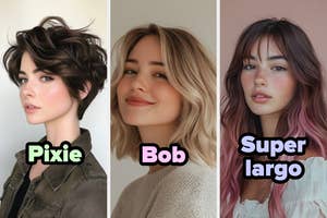 Three women showcase different hairstyles: pixie, bob, and long with waves. Text labels each style