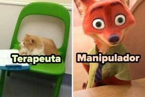 Gato sentado en una silla etiquetado como "Terapeuta" al lado de un personaje animado etiquetado como "Manipulador"