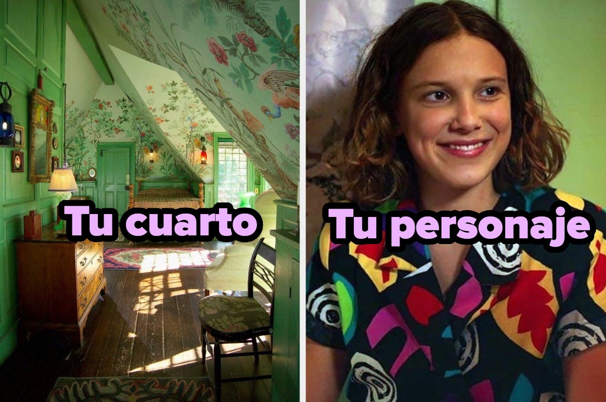 Habitación con decoración vintage a la izquierda; a la derecha, persona sonríe llevando camisa de colores vibrantes. Texto: "Tu cuarto" y "Tu personaje"