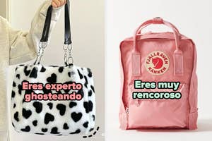 Left: Fluffy spotted bag with text "Eres experto ghosteando." Right: Pink backpack with text "Eres muy rencoroso."