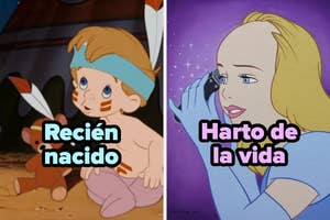 A la izquierda, bebé con plumas y oso de peluche; a la derecha, mujer rubia triste mirando teléfono. Texto: "Recién nacido", "Harto de la vida"