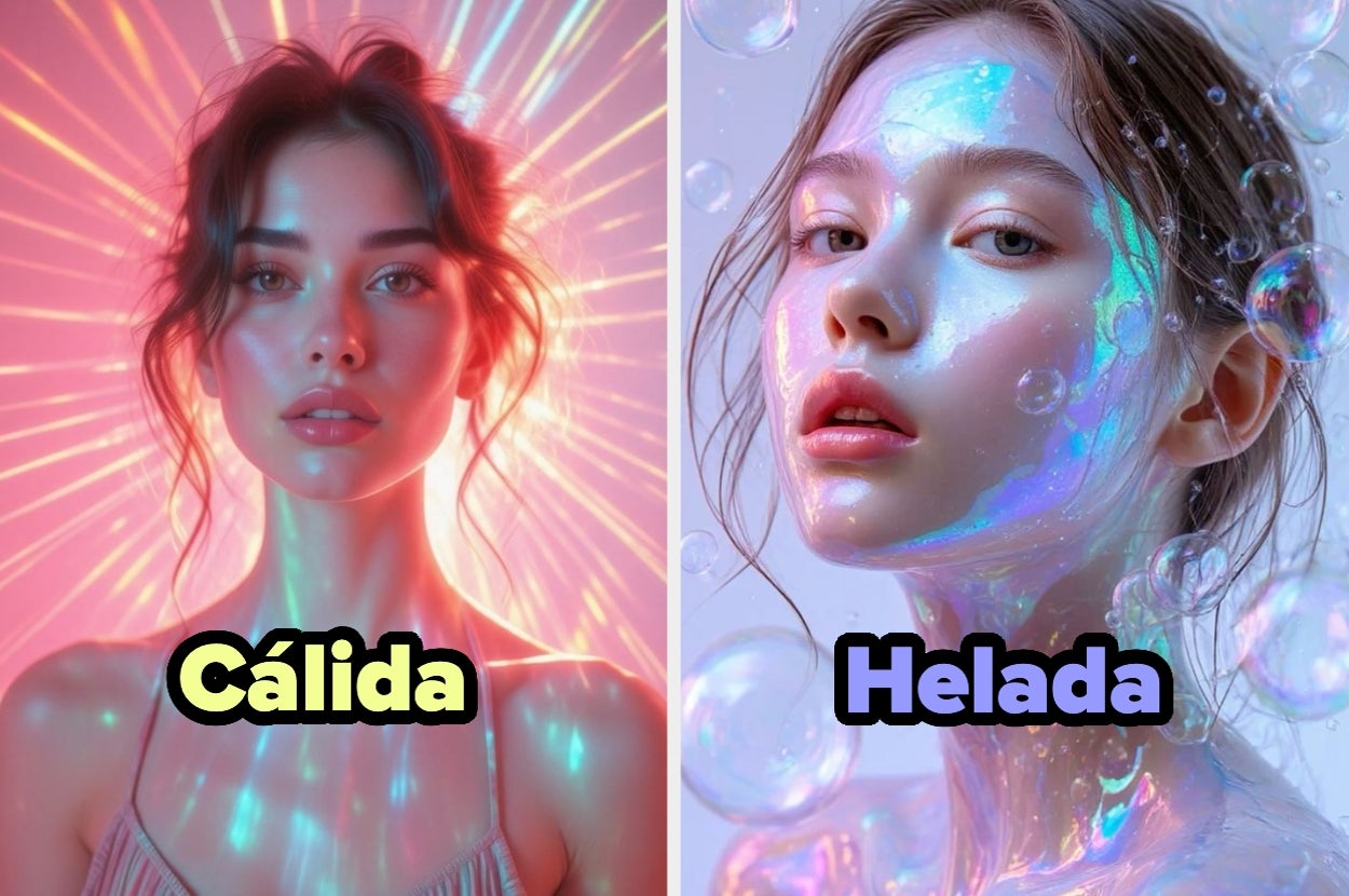 Two digital artworks: left shows a woman with radiant light, labeled "Cálida"; right shows her with a glossy, bubble-like finish, labeled "Helada"