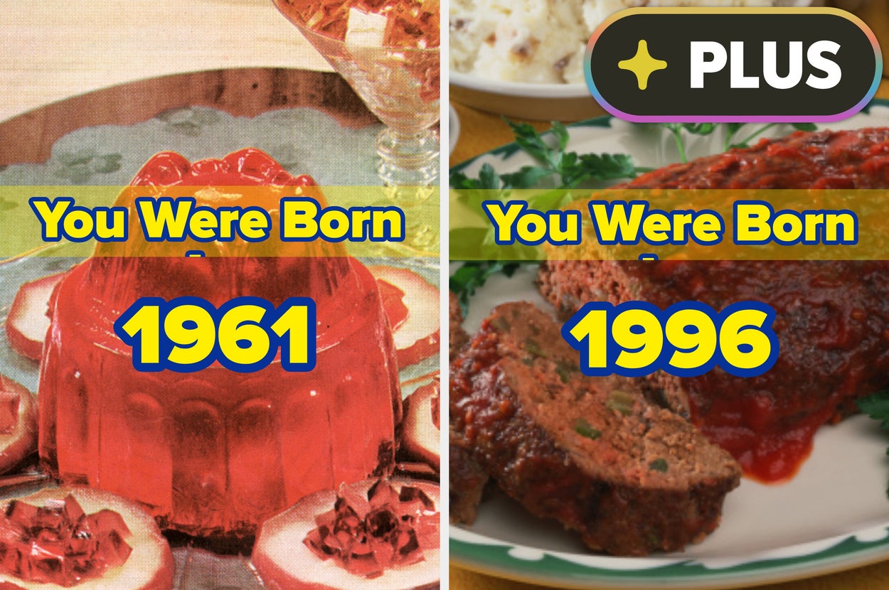 Split image compares foods popular in 1961 (jelly mold) and 1996 (meatloaf), reflecting generational food trends