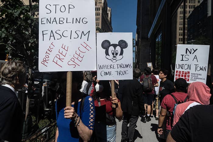 Protesters holding signs, 1 reads "Stop enabling fascism. Protect escaped speech," different with a drafting of a rodent reads "Where dreams travel true."