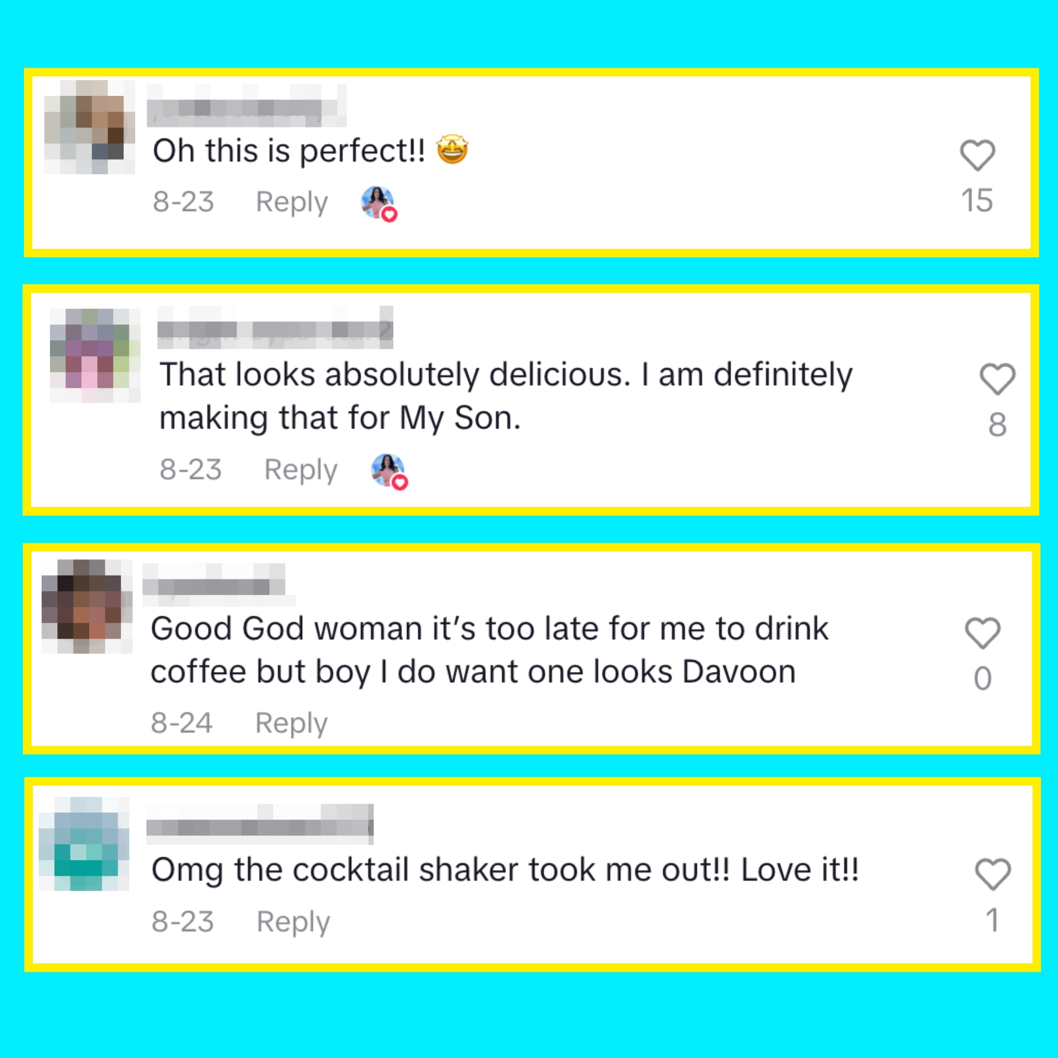 Four comments praising a recipe or drink, expressing excitement and eagerness to try it
