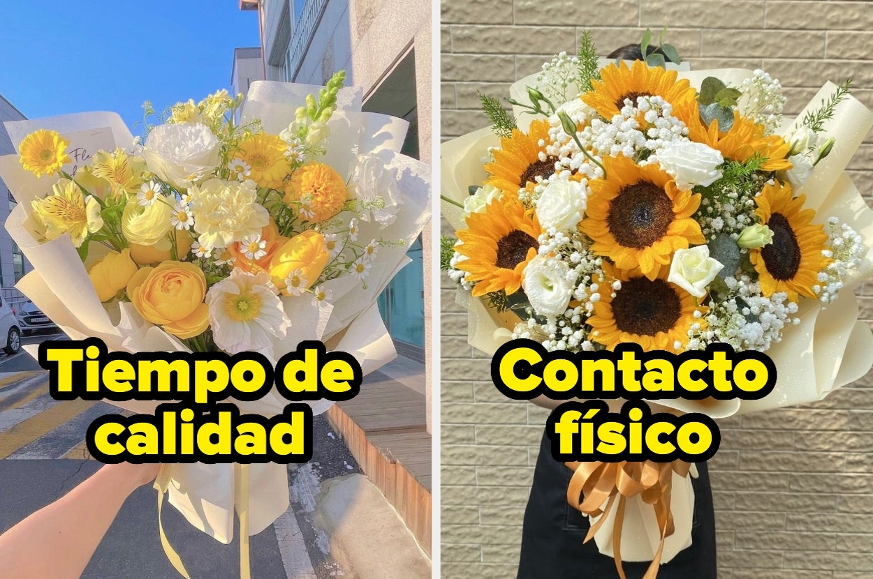 Ramos de flores con palabras: "Tiempo de calidad" en la izquierda y "Contacto físico" en la derecha