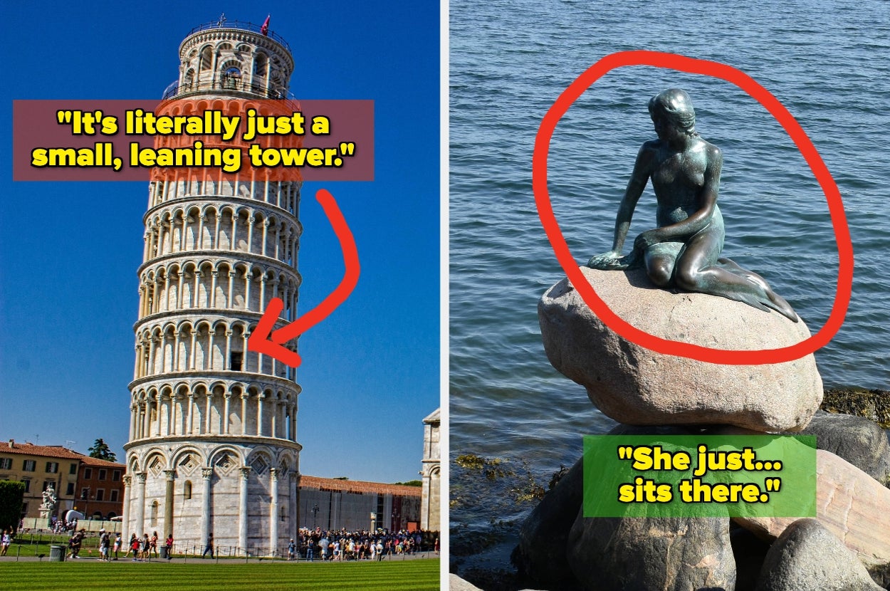 Left: Pisa's Leaning Tower with text "It's literally just a small, leaning tower." Right: Copenhagen's Little Mermaid statue with text "She just... sits there."