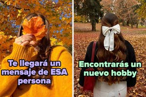 Persona sosteniendo una hoja de otoño. Texto: "Te llegará un mensaje de ESA persona". Persona de espaldas con moño blanco. Texto: "Encontrarás un nuevo hobby"