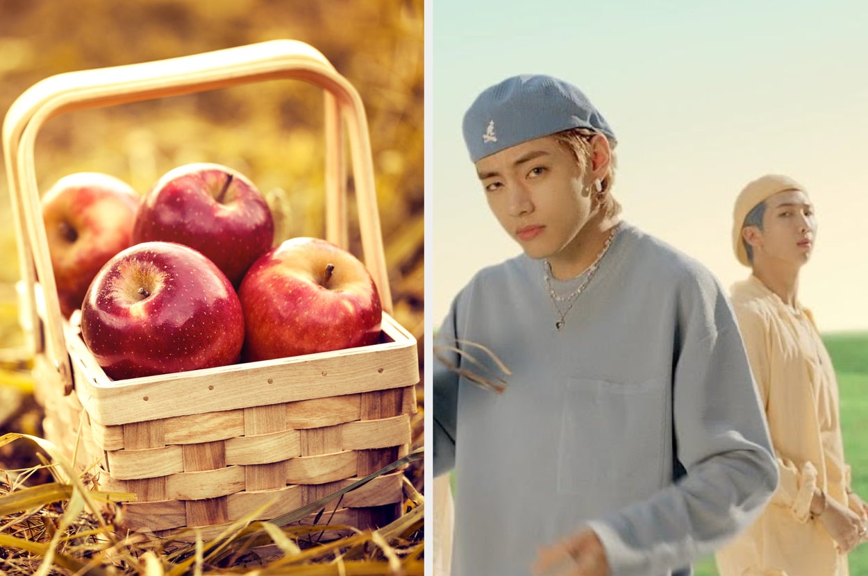 Left: A basket of apples on a field. Right: Two individuals in casual, modern outfits stand outdoors