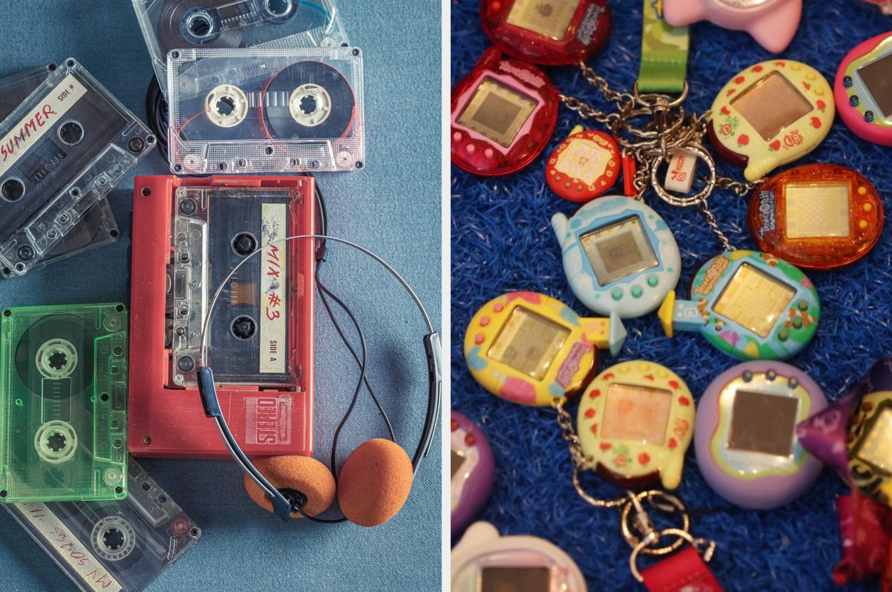 Left: Vintage cassette tapes and headphones. Right: Colorful digital pet keychains on display