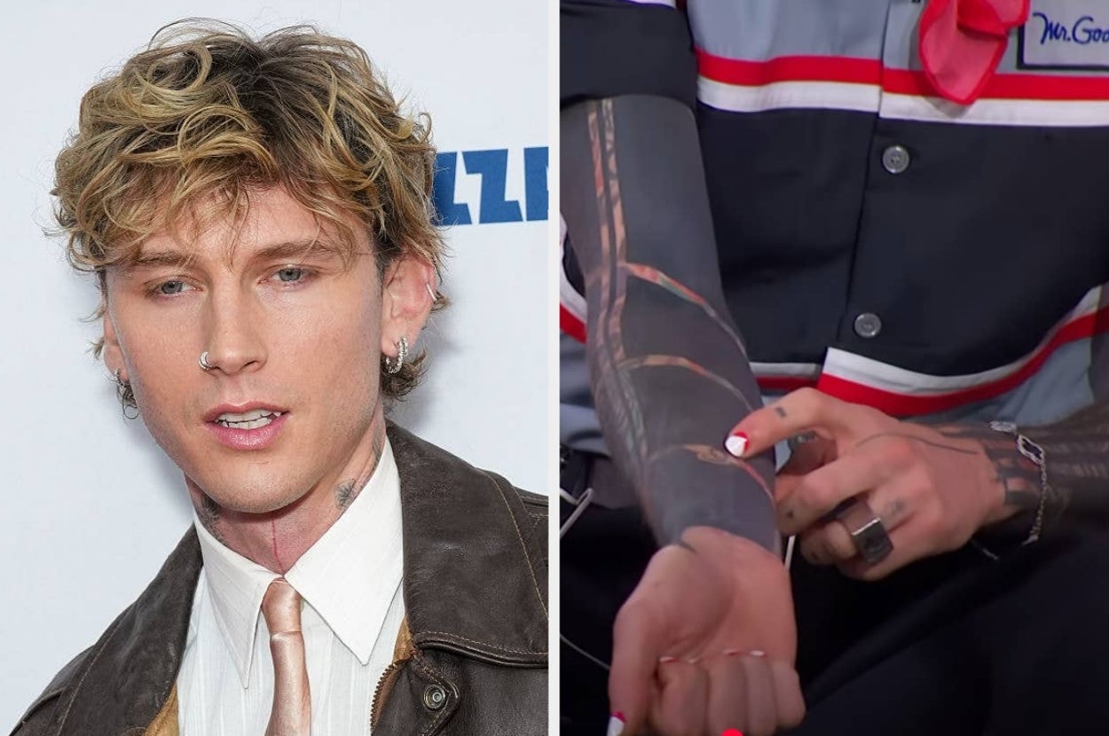 Left: Person with wavy hair in a jacket and tie. Right: Close-up of tattooed arms pointing to the forearm