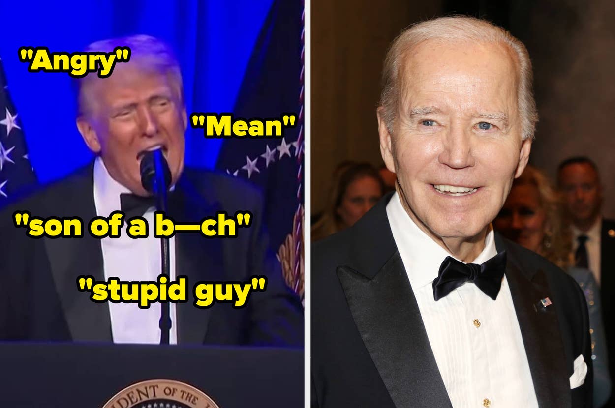 Split image: Left, person at a podium with highlighted quotes. Right, another person in formal attire at an event