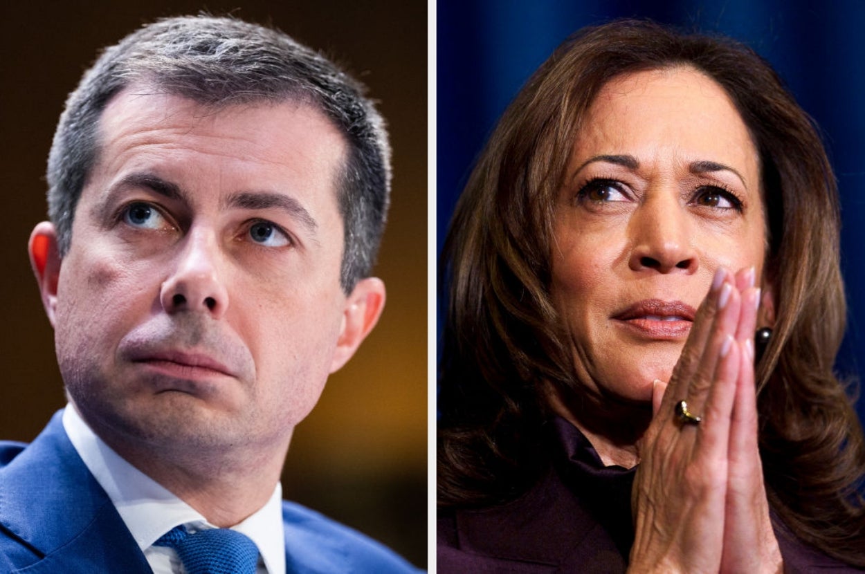 Two individuals in formal attire appear in a split-image. The person on the left wears a suit, and the person on the right clasps their hands thoughtfully