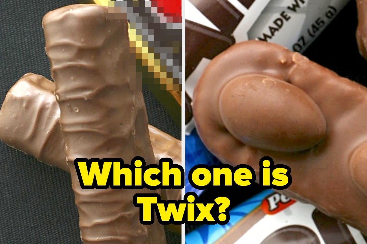 Two chocolate bars: the left has a smooth surface, the right has peanut-shaped domes. Text: "Which one is Twix?"