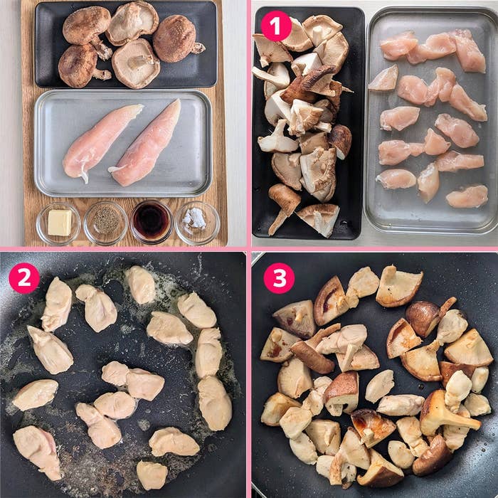 鶏ささみとしいたけの料理過程。ステップ1で材料を準備、ステップ2で鶏肉を炒め、ステップ3でしいたけを追加。