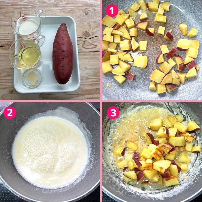 さつまいもと液体、鍋で調理されたさつまいもの手順を示す3段階の料理プロセス。