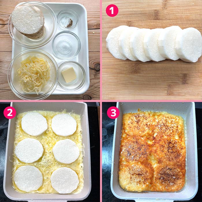 調理手順:薄切りした食材を重ねてオーブンで焼き上げる様子を段階的に示した料理の画像。